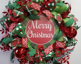 Red and Green Christmas Wreath, Christmas Decor, Merry Christmas Wreath for Front Door, Wreath for Outdoors, Whimsical Christmas Wreath