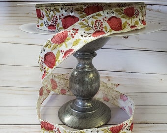 Burgandy Floral Ribbon, 1.5" Wired Ribbon