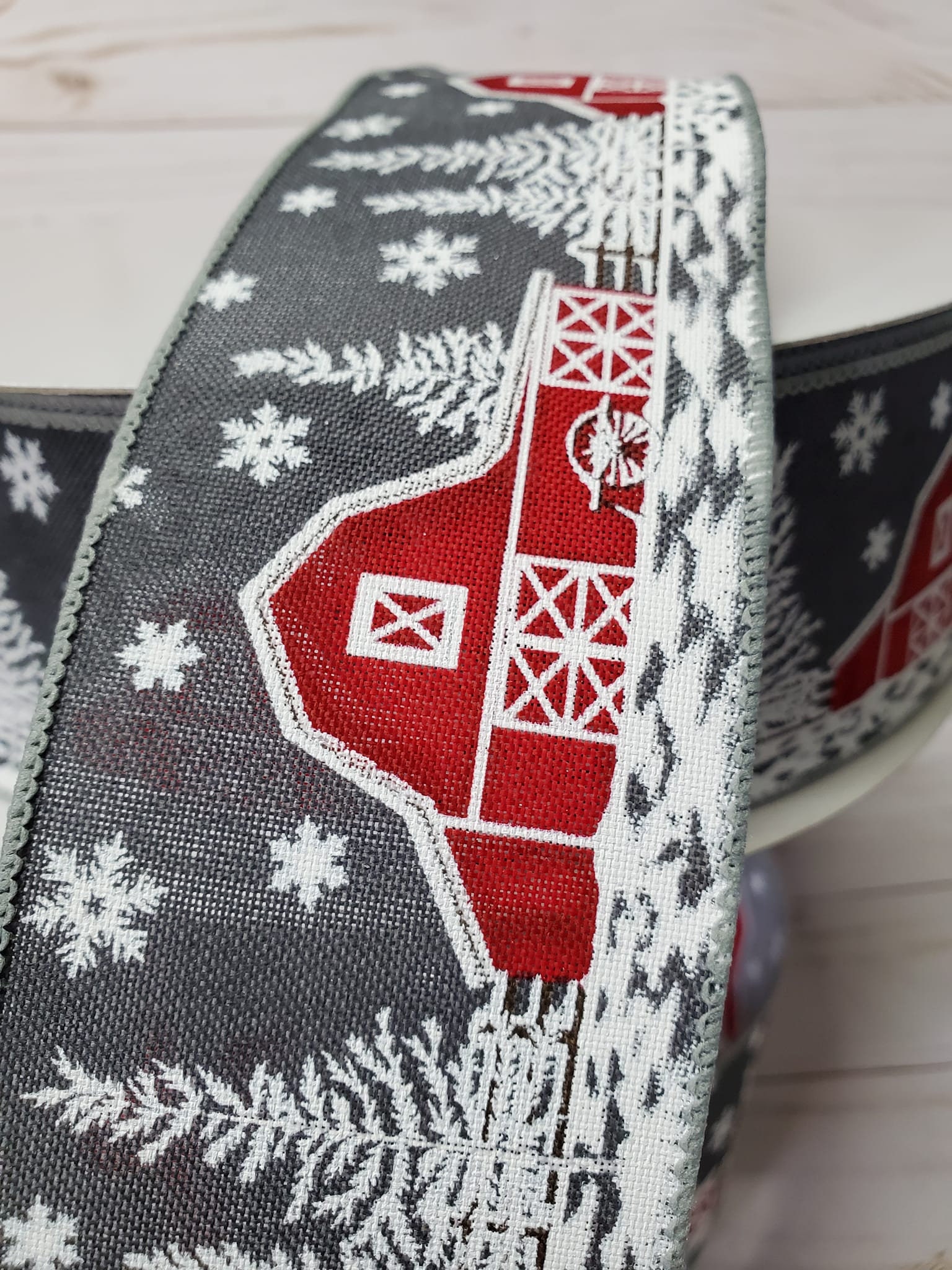 Barn Ribbon Grey With Red Barn Winter Ribbon, 2.5