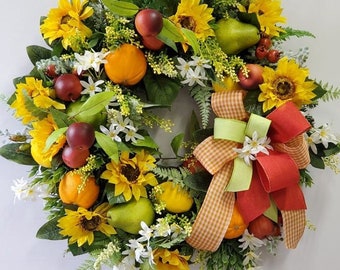 Summer Fruit Wreath with Sunflowers for Front Door, Fruit and Sunflower Wreath, Kitchen Decor, Lemon Decor, Orange Decor, Sunflower Decor