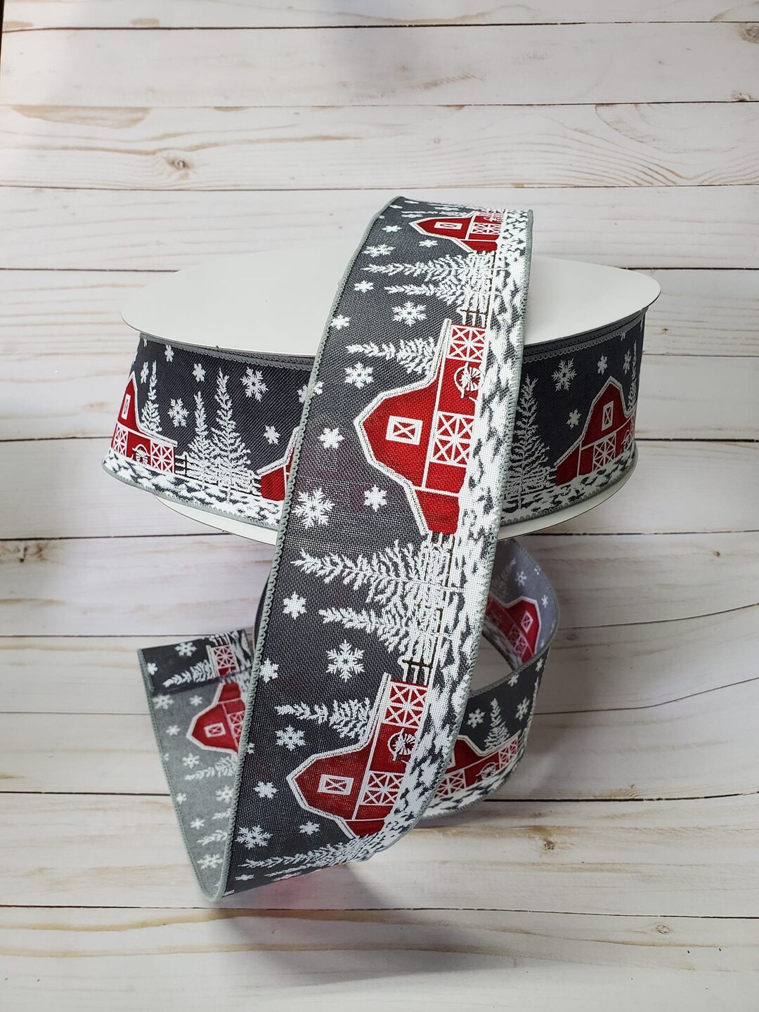 Barn Ribbon Grey With Red Barn Winter Ribbon, 2.5