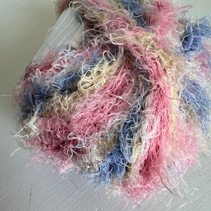 Striping Eyelash Yarn, Pink Yellow Blue, Wool Blend (50 grams, 71 yards)