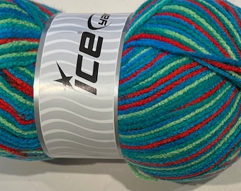 Self Striping Acrylic Yarn, Blue Green Red, Ice Yarns, 180g