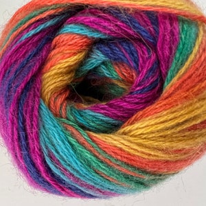 Angora Rainbow Self-Striping Multicolor Yarn by Ice Fine weight yarn made of 25% Angora, 75 Acrylic, with a self-striping multicolor pattern