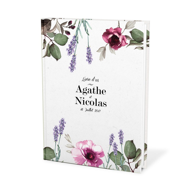 Bespoke wedding guest book with watercolor rose and lavender. image 1