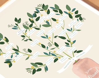 Cartel árbol genealógico 4/5 generaciones, nacimiento de la idea de regalo, matrimonio, hombres, mujeres, abuelos y padres.