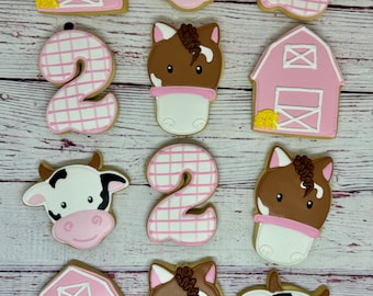 Farm Theme Cookie Favors - with Barn, Horse, Pig, Chick, Sheep, and Cow, Birthday Cookies, Baby Shower Cookies, Farm Animal Cookie Favors