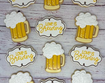 Love Is Brewing Party Favor Cookies, Beer Brewing Bridal Shower Favors, Beer Mug Cookies for Rustic Weddings, Great Bridal Shower Cookies