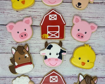 Farm Theme Cookie Favors - with Barn, Horse, Pig, Chick, Sheep, and Cow, Birthday Cookies, Baby Shower Cookies, Farm Animal Cookie Favors