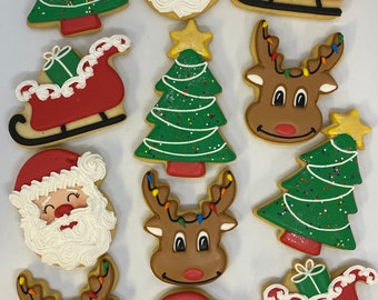 Christmas Cookies, Holiday Cookies, Christmas Party Favor Cookies, Decorated Christmas Cookies, Santa Cookies, Reindeer Cookies