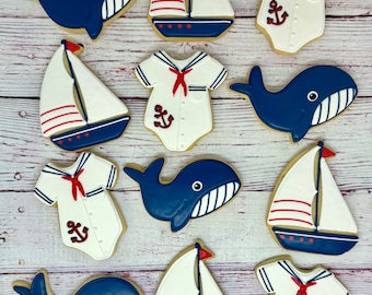 Nautical Baby Shower Cookies, Sailor Onesie Cookies, Baby Shower Cookies, Sailboat Baby Shower Cookies, Whale Cookies for Showers