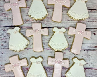 Baptism Party Favors, Baptism Dress Cookies, Cross Cookies, Religious Party Favor Cookies, Baptism Cookies, Christening Gown Cookies