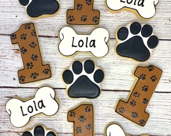 Dog Theme Party Favors, Birthday Party Favor Cookies, Paw Print Cookies, Dog Bone Cookies, Personalized Cookies, 1st Birthday Cookies