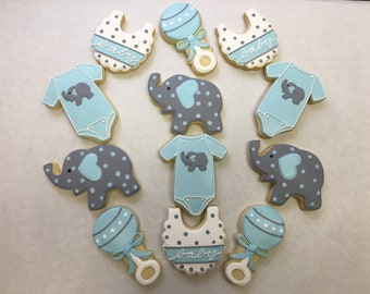 Elephant Baby Shower Cookie Favors, Onesie Cookies, Baby Bib Cookies for Baby Showers, Unisex Baby Shower Cookies, Great Baby Shower Cookies