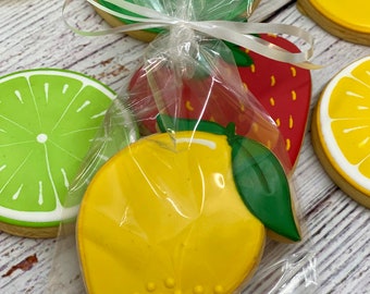 Fruit Theme Party Favors, Watermelon Cookies, Strawberry Cookies, Summer Theme Cookies, Pineapple Cookies, Lemon Slice Cookies, Lime Cookies