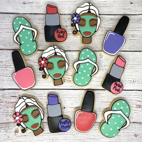 Spa Theme Party Favors, Spa Party Cookies, Diva Cookies, Nail Polish Bottle Cookies, Lipstick Cookies, Girly Cookies, Spa Day Party Favors