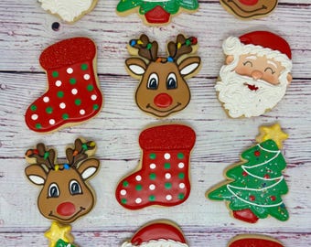 Christmas Cookies, Holiday Cookies, Christmas Party Favor Cookies, Decorated Christmas Cookies, Santa Cookies, Reindeer Cookies