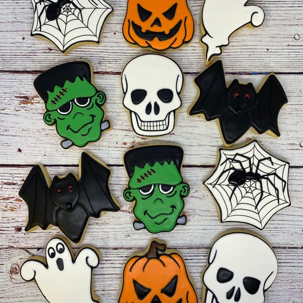Halloween Party Favors, Halloween Cookies, Bat Cookies, Ghost Cookies, Jack O Lanterns, Frankenstein Cookies, Skull Cookies, Spider Cookies