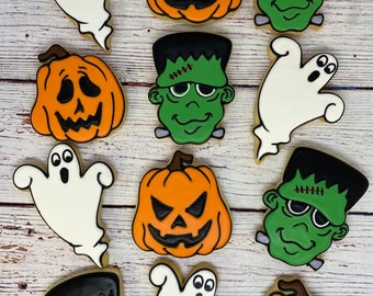 Halloween Party Favors, Halloween Cookies, Cute Halloween Cookies, Ghost Cookies, Jack O Lanterns, Frankenstein Cookies, Holiday Cookies