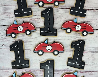 Formula One Theme Party Favors, First Birthday Cookies, Race Theme Cookies, Child's Race Car Birthday Cookies, Vintage Race Car Party Favors