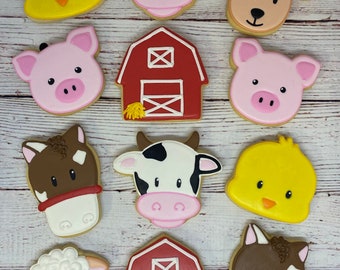 Farm Theme Cookie Favors - with Barn, Horse, Pig, Chick, Sheep, and Cow, Birthday Cookies, Baby Shower Cookies, Farm Animal Cookie Favors