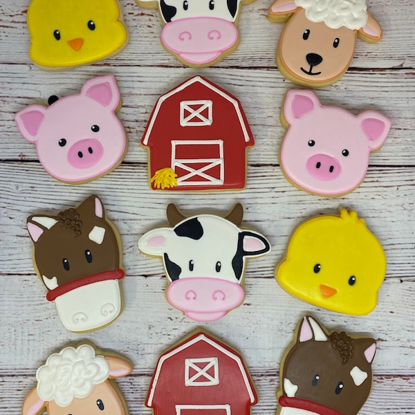 Farm Theme Cookie Favors - with Barn, Horse, Pig, Chick, Sheep, and Cow, Birthday Cookies, Baby Shower Cookies, Farm Animal Cookie Favors