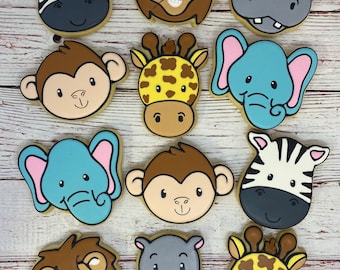 Galletas de recuerdo con temática de animales de safari para cumpleaños, recuerdos de baby shower, galletas con temática de zoológico, galletas decoradas con animales de safari.