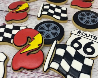 Car Theme Cookie Favors, Racing Theme Cookies for Birthday, Cute Race Theme Cookies, Child's Race Car Birthday Cookies, Number Cookies