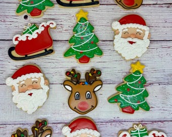Christmas Cookies, Holiday Cookies, Christmas Party Favor Cookies, Decorated Christmas Cookies, Santa Cookies, Reindeer Cookies