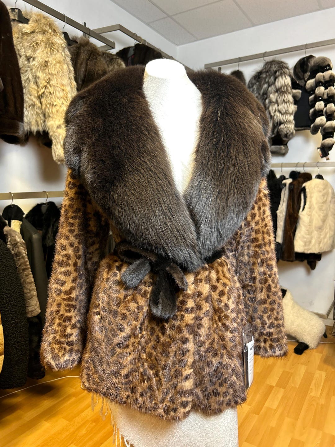 Leopard Minc Leopard Stencil Mink Coat With Fox Fur Collar | Couture Handmade Fur - Etsy