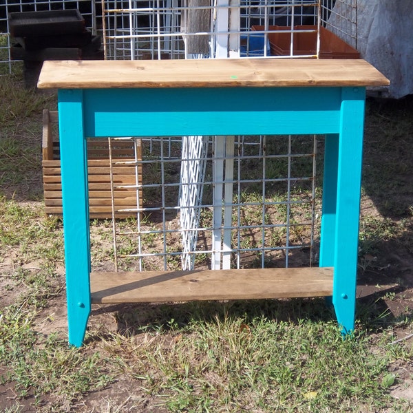 3 ft turquoise sofa table with stain top and shelf