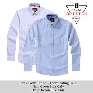 Mens Long Sleeve Oxford Shirt.2 Pack/Single.Plain or Matching Stripe;Button Down Collar & Pocket.The Kensington.Ocean Blue (12 Colors Total)