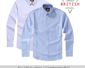 Mens Long Sleeve Oxford Shirt.2 Pack/Single.Plain or Matching Stripe;Button Down Collar & Pocket.The Kensington.Ocean Blue (12 Colors Total)