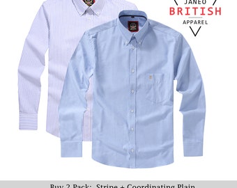 Camisa Oxford de manga larga para hombre. Paquete de 2/Unidad. Lisa o a rayas a juego. Cuello abotonado y bolsillo. The Kensington. Azul océano (12 colores en total).