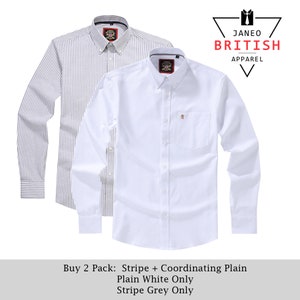 Mens Long Sleeve Oxford Shirt.2 Pack or Single.Plain or Matching Stripe;Button Down Collar & Pocket.The Kensington.White (12 Colors Total)