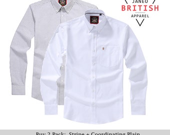 Camisa Oxford de manga larga para hombre. Disponible en paquete de 2 o individual. Lisa o a rayas a juego. Cuello abotonado y bolsillo. The Kensington. Blanca (12 colores en total).