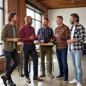 May include: Five individuals stand in a group wearing long-sleeved plaid button-down shirts in various colors including olive green, red, navy blue, brown, and black and white, paired with denim jeans or trousers, gathered around a high table.