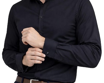 Mens Formal BLACK Shirt,Regular Fit Long Sleeve Plain Shirts-13 Colours Choice. Single & Double Cuff Business Work Dress.The London Plains