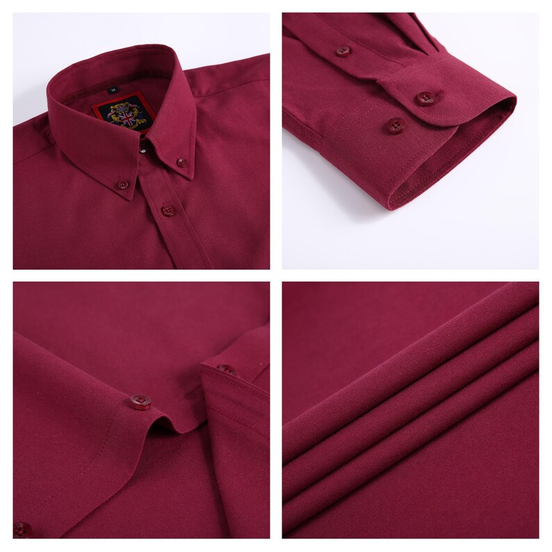 May include: Close-up shots of a burgundy button-down shirt. Details include the collar, buttons, and fabric texture. The shirt has a button-down collar and a classic fit. The fabric appears to be a smooth, woven material.