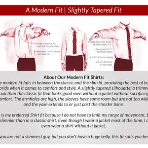 Puede incluir: Una infograf&iacute;a titulada A Modern Fit | Slightly Tapered Fit que muestra tres ilustraciones de camisas con etiquetas de texto. Detalla medidas como 2 1/2 pulgadas de pecho m&aacute;s estrecho, 1 3/4 pulgadas de cintura y 2 1/4 pulgadas de asiento.