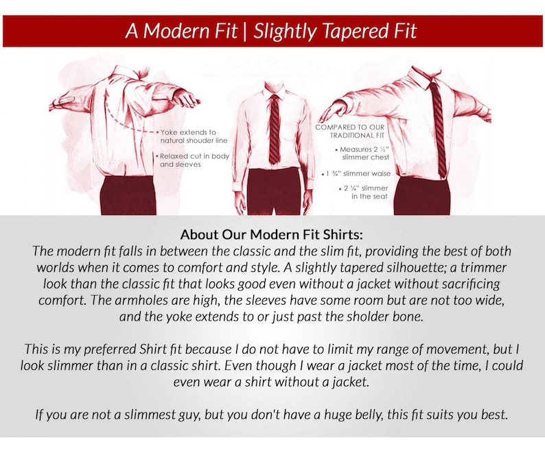 Puede incluir: Una infograf&iacute;a titulada A Modern Fit | Slightly Tapered Fit que muestra tres ilustraciones de camisas con etiquetas de texto. Detalla medidas como 2 1/2 pulgadas de pecho m&aacute;s estrecho, 1 3/4 pulgadas de cintura y 2 1/4 pulgadas de asiento.
