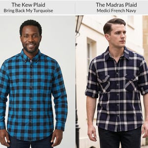 Op de afbeelding: Twee overhemden met lange mouwen en knoopsluiting. Het linkerhemd, gelabeld The Kew Plaid Bring Back My Turquoise, heeft een zwart en turquoise ruitpatroon. Het rechterhemd, gelabeld The Madras Plaid Medici French Navy, heeft een marineblauw en wit ruitpatroon met twee borstzakken.