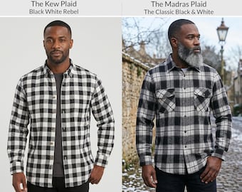 Mens Flannel Shirt Lumberjack Black White Cotton Plaid Check