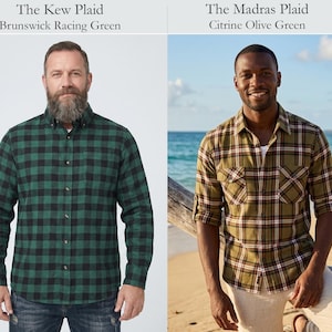 Chemise de bûcheron pour homme en flanelle à carreaux vert surchemise à carreaux style Buffalo Tartan Nuisette Camisa en 2 styles The Madras ou The Kew Plaid