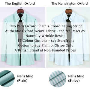 Puede incluir: Dos camisas de manga larga con botones, una de color verde menta s&oacute;lido y otra blanca con rayas verticales verde menta. El texto dice: Two Pack Oxford: Plain + Coordinating Stripe, Authentic Oxford Weave Fabric, Naturally Wrinkle Resist, 17 Colour Options, Option to Buy Plain or Stripe Only, A British Brand at Non Branded Prices.