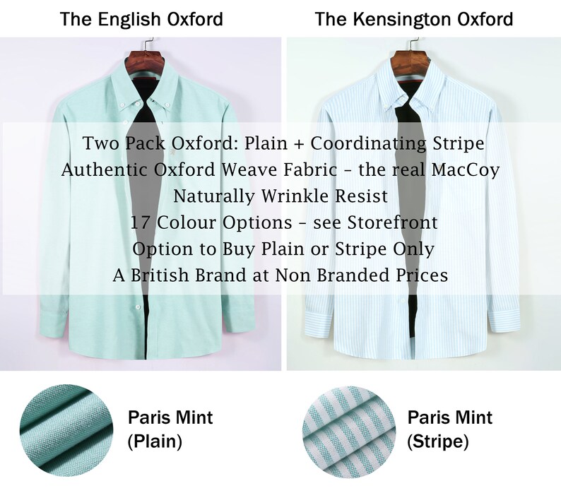 Puede incluir: Dos camisas de manga larga con botones, una de color verde menta s&oacute;lido y otra blanca con rayas verticales verde menta. El texto dice: Two Pack Oxford: Plain + Coordinating Stripe, Authentic Oxford Weave Fabric, Naturally Wrinkle Resist, 17 Colour Options, Option to Buy Plain or Stripe Only, A British Brand at Non Branded Prices.