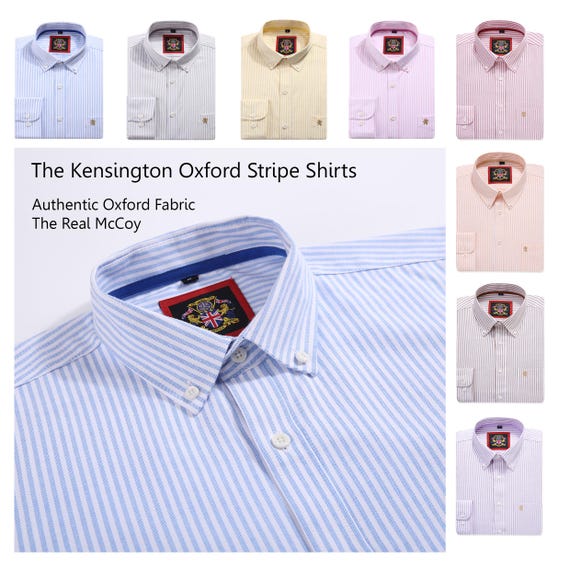 Mens Long Sleeve Stripe Oxford Shirt, The Kensington Button Down Collar & Pocket, 9 Colours, Authentic Oxford Fabric.