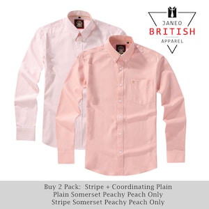 Mens Long Sleeve Oxford Shirt.2 Pack or Single.Plain or Matching Stripe;Button Down Collar & Pocket.The Kensington.Peach (12 Colors Total)