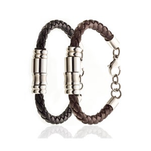 Mens Leather Bracelet Wristband,Braided Platted Cords Stainless Steel Links,Modern Style,Gift Idea Him Christmas & Anniversary,Janeojewels