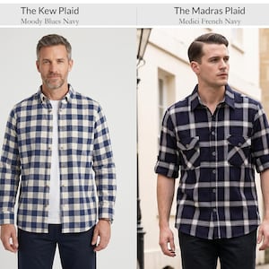 Flannel Shirt Mens Lumberjack Navy Blue Plaid Checkered Overshirt Jacket Camisa Lenador In 2 Styles The Madras Half Lined or The Kew Plaid